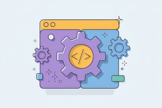 Web development concept illustrated with gears and code symbol, representing the mechanics of building websites.