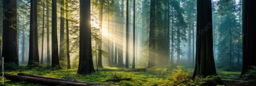 Aufkleber sunlight streams through towering trees in a serene forest landscape. generative ai