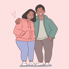 A cheerful plus-size Black couple hugging and smiling, celebrating love and diversity. Perfect for Valentine’s Day and inclusivity themes