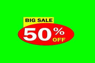 big promotion 50% off. 50% on green background