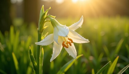 Dew-covered white lily glowing in warm morning sunlight