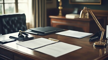 classic executive office with wooden desk, green leather chair, documents, vintage lamp, professional workspace, sophisticated and elegant business environment.