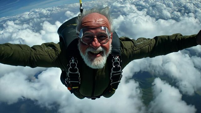 Elderly man skydiving over clouds with a wide smile in a stunning blue sky at an adventure location
