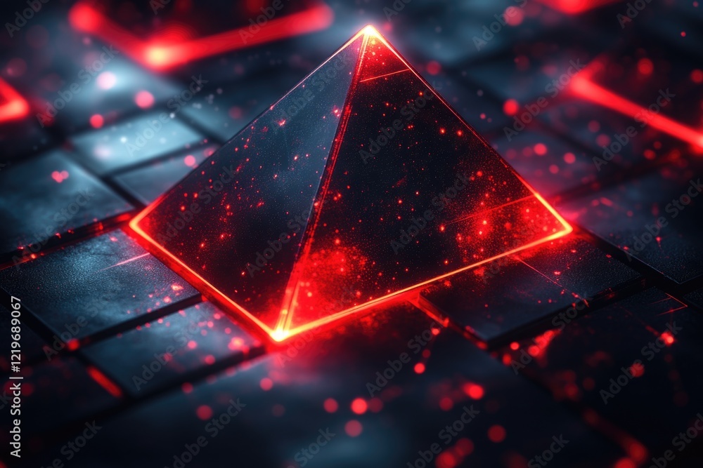 Poster a close-up of a computer keyboard with a glowing pyramid icon, ideal for technology and sci-fi theme