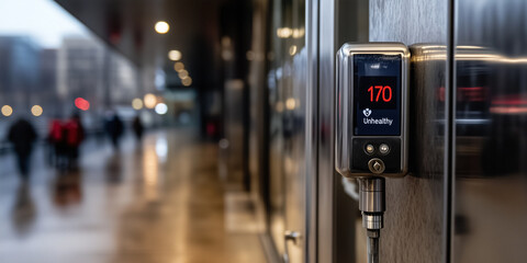 Air quality detector displays unhealthy PM 2.5 levels of 170 in urban environment