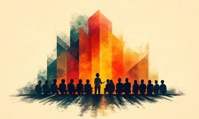 Speaker addresses audience before abstract cityscape.