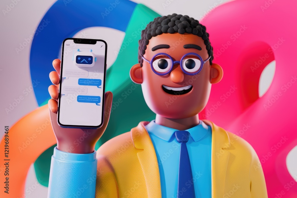 Poster a 3d cartoon man happily displays a phone screen showing a chatbot conversation.