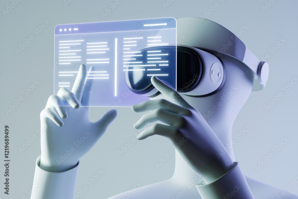 Poster A robotic figure interacts with a futuristic transparent interface using a VR headset, showcasing advanced technology.