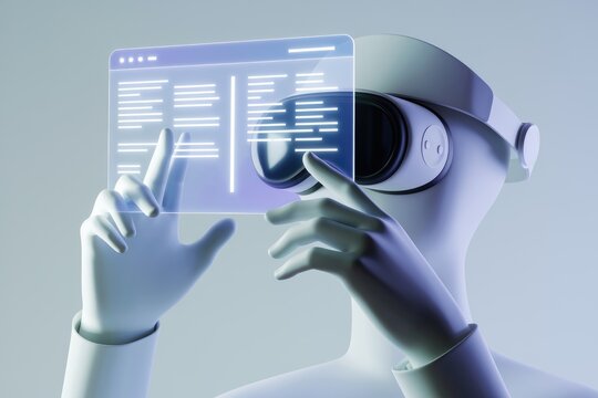 A robotic figure interacts with a futuristic transparent interface using a VR headset, showcasing advanced technology.
