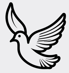 Obraz premium Flying dove icon in black outline, peace and freedom concept on gray background