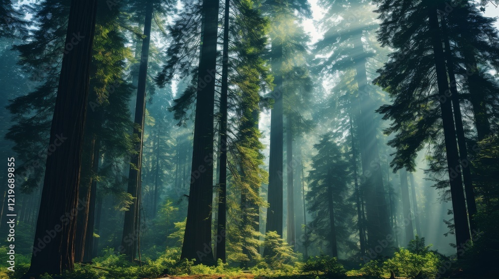 Poster sunlight filtering through tall trees in a serene forest setting. generative ai