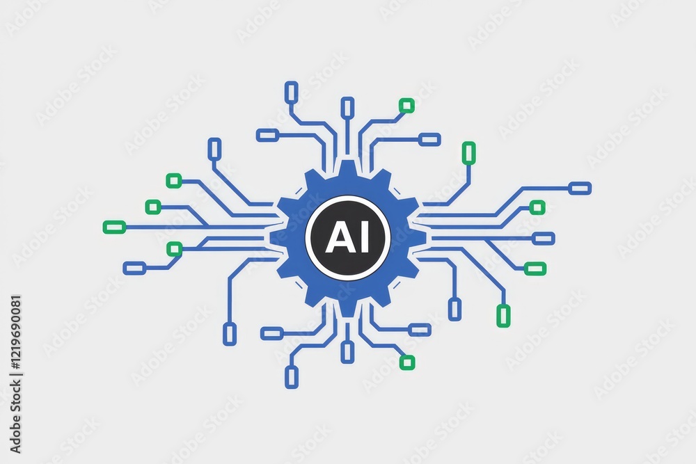 Poster ai-powered gear connected to a circuit board, symbolizing artificial intelligence and technology.