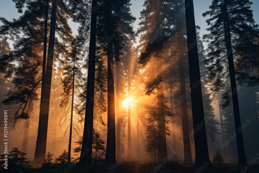 Poster sunlight breaks through towering trees in a misty forest at dawn. generative ai