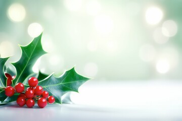 festive holly leaves with bright red berries, classic Christmas decoration, winter holiday symbol, seasonal greenery, elegant natural arrangement, joyful celebration.