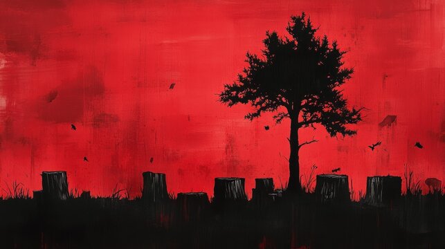 Silhouetted tree, stumps, red background; desolate scene.