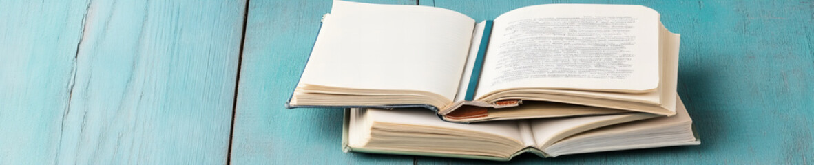 Obraz premium Open books resting on a teal wooden surface create a serene reading atmosphere ideal for study or relaxation