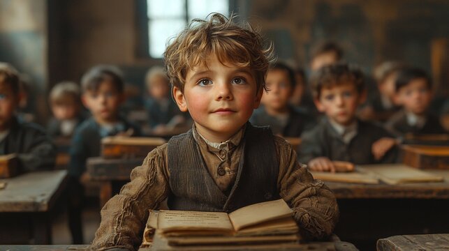 Bustling classroom in an industrial society with children attending school for the first time in history