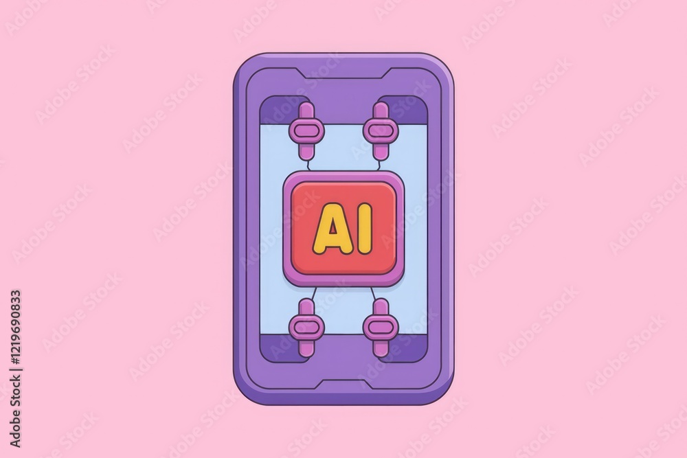 Poster ai-powered mobile application interface, stylized illustration.