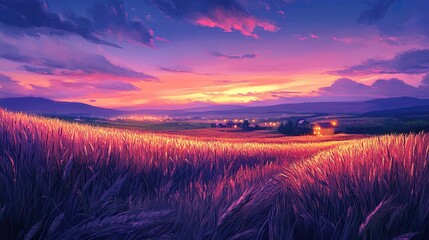 Fototapeta premium Pastoral farm landscape at twilight, with glowing, vibrant fields of wheat and distant farmhouse lights 