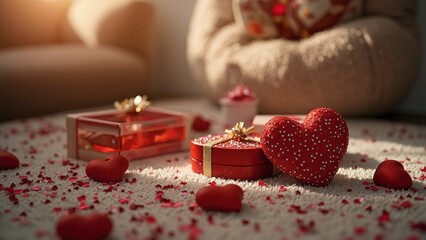 Decorative Gifts and Red Heart on a Festive Carpet With Rose Petals Scattered During a Cozy Romantic Celebration