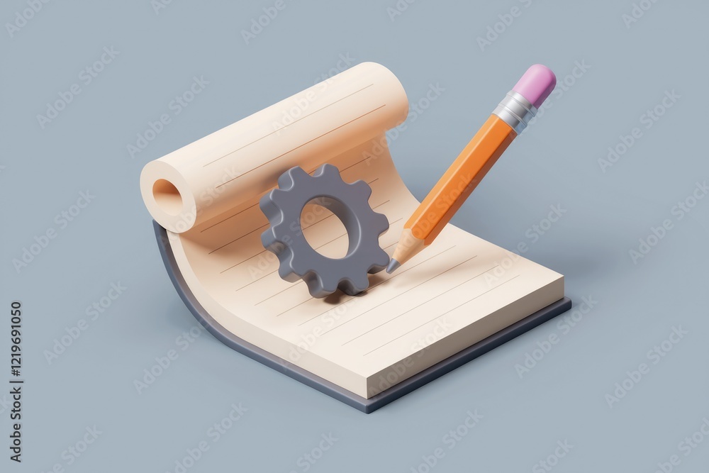 Poster planning and designing, gear and notepad symbolize meticulous preparation and note-taking for projec