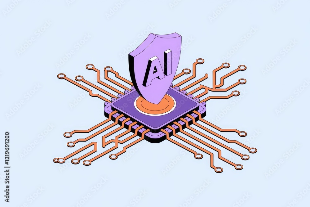 Poster AI secured by a shield on a microchip, symbolizing secure artificial intelligence.