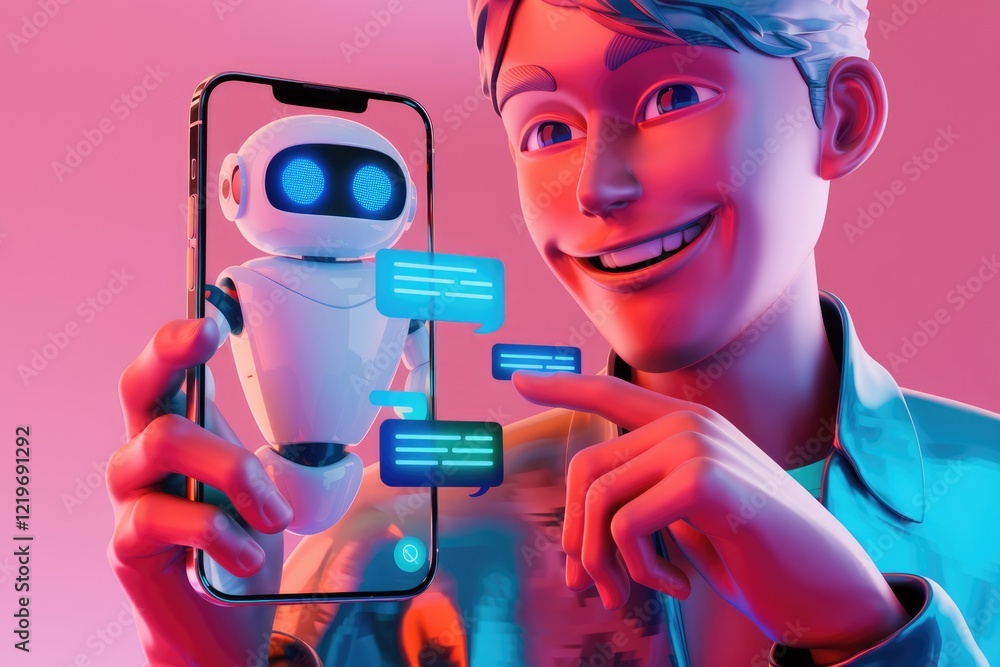 Poster a cartoon person interacts with a virtual robot assistant on their smartphone, engaging in a digital