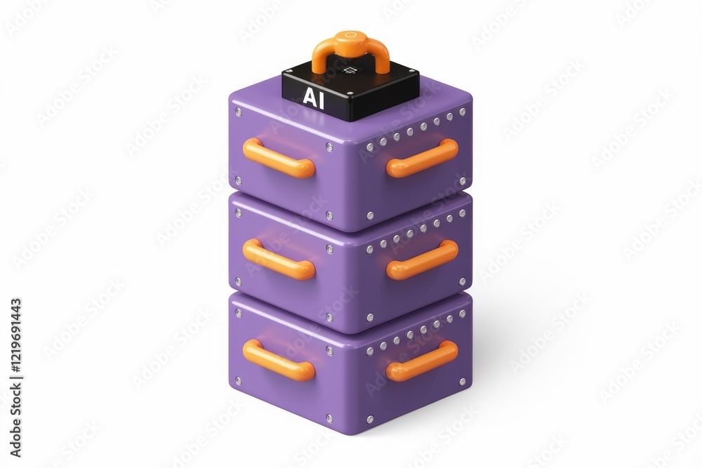 Poster ai-powered data storage system, depicted as stacked purple boxes with orange handles and ai label.