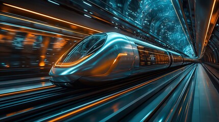High speed futuristic train racing through a modern cityscape symbolizing advancements in transportation in post industrial societies