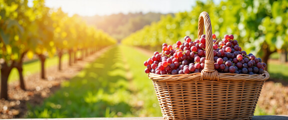 Bountiful wicker basket filled with ripe grapes in vineyard, abundance