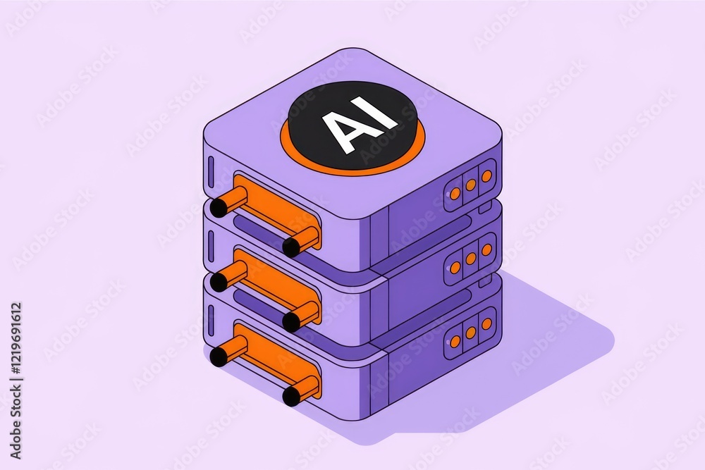 Poster Illustration of a stack of servers labeled AI, representing artificial intelligence infrastructure.
