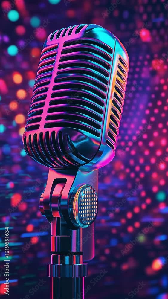 Poster a retro microphone stands out against a backdrop of colorful digital lights creating a dynamic ambia