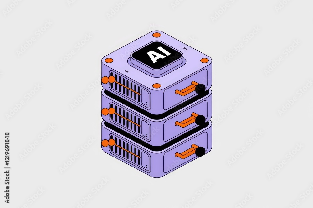 Poster Isometric illustration of a stacked AI server, representing powerful artificial intelligence processing and data storage.