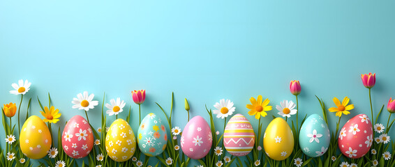 Bright Easter eggs and spring flowers on a blue background for a festive mood.