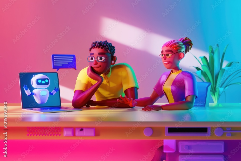 Aufkleber two cartoon characters interact with a chatbot on a laptop, discussing and collaborating.
