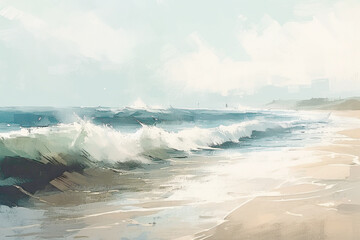 impressionism oil painting with thick impasto brush strokes of waves on a sandy beautiful beach with puffy clouds. using muted browns, blues, and white. 