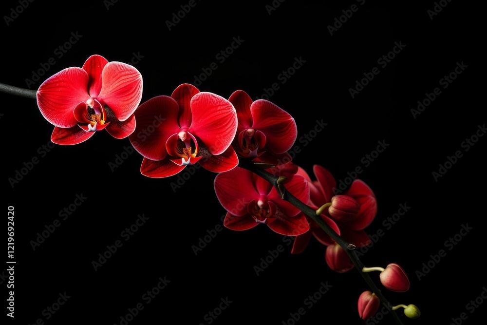 Poster vibrant red orchids on display against a dark backdrop showcasing elegance. generative ai