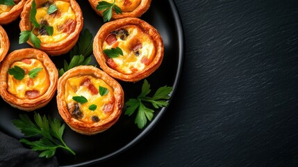 Delicious mini quiches kitchen food photography dark background close-up culinary art