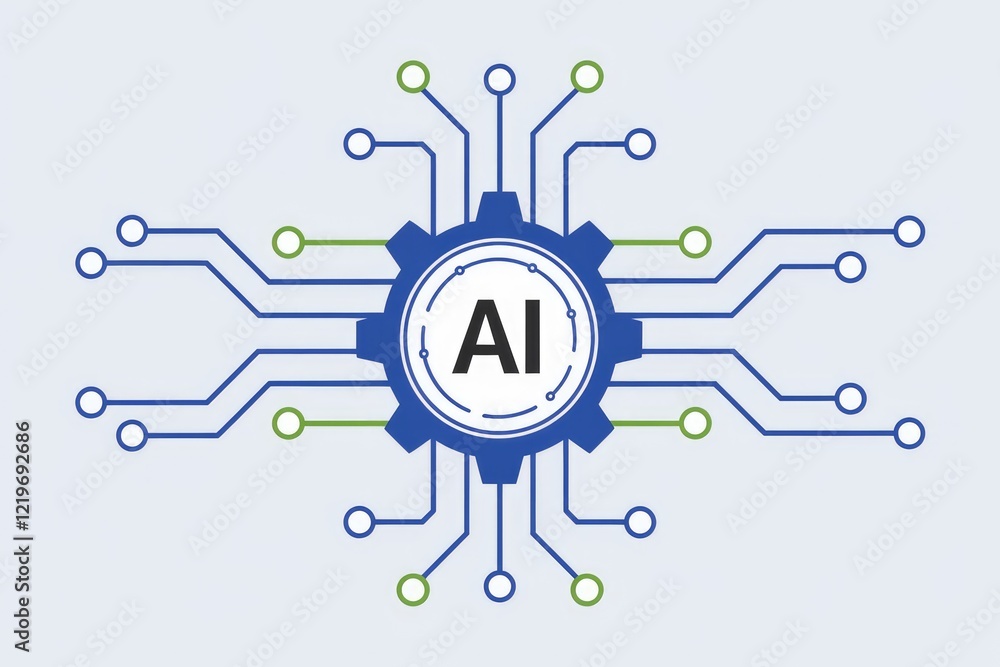 Aufkleber AI-powered system, gear-like design, interconnected circuits, representing artificial intelligence and technology.