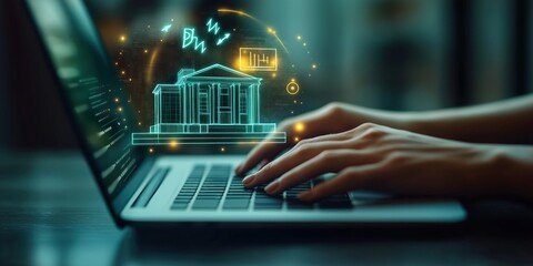 Person types on laptop. Modern tech used for innovative banking solutions. Online banking system displayed. Concept of digital finance. Streamlined processes, new heights in finance. Future of