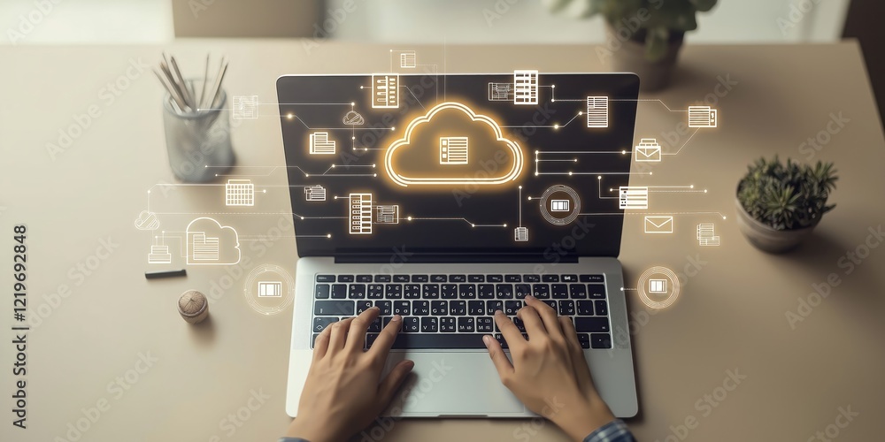 Poster person uses laptop with cloud computing concepts displayed on screen. hands type on keyboard. modern