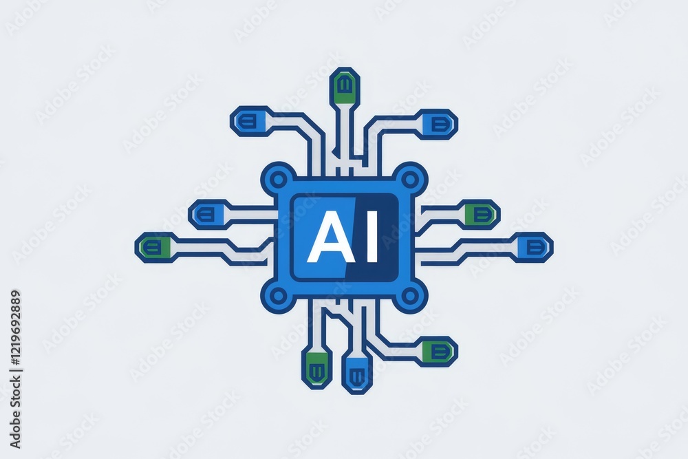 Poster AI microchip circuit design, symbolizing artificial intelligence technology and processing power.