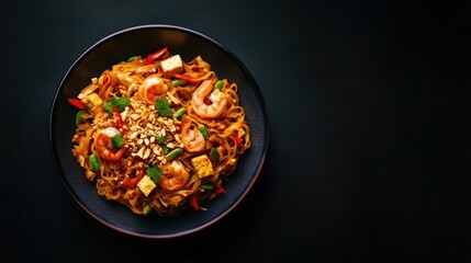 Sizzling shrimp pad thai asian kitchen food photography dark background close-up culinary delight