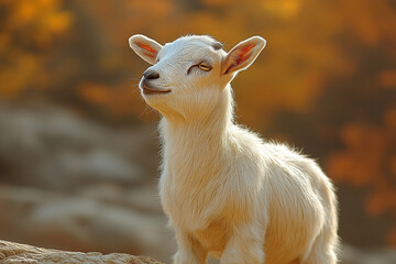 Obraz premium Adorable Young White Goat In Autumn Setting