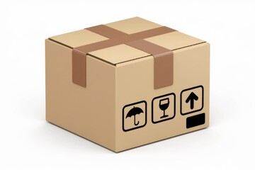 A closed cardboard box secured with brown tape, displaying fragile and handling instructions.