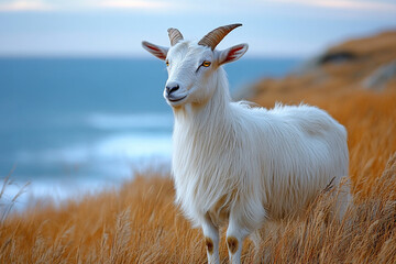 Obraz premium A White Goat Stands In Tall Grass Near The Ocean