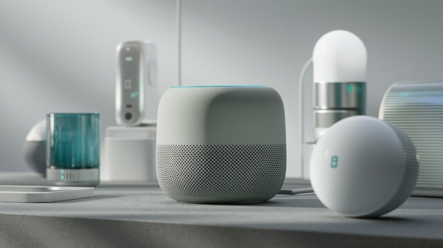 A smart home setup with a light grey smart speaker as the centerpiece, surrounded by other smart devices.