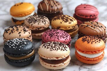 Fototapeta premium Colorful assortment of macarons on a table, perfect for bakery or cafe promotions
