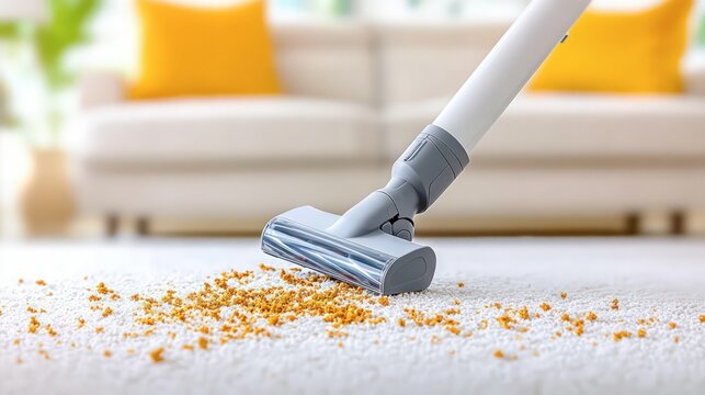 vacuum cleaner removing crumbs from white carpet in cozy living room, home cleaning concept, hygiene, fresh environment, household maintenance, tidiness.