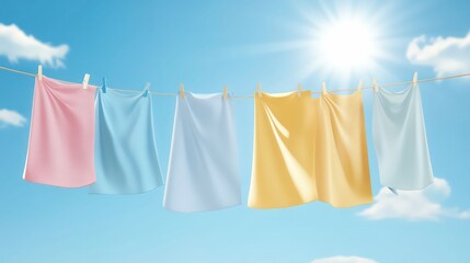 colorful laundry drying on clothesline under sunny blue sky, fresh air drying, eco-friendly cleaning, bright and cheerful outdoor scene.